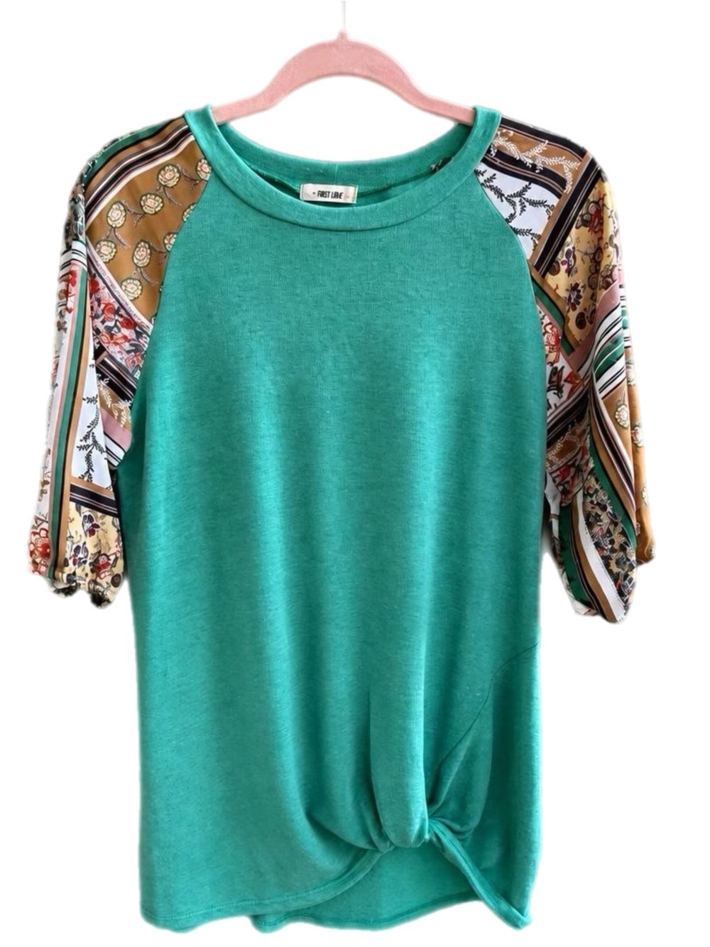 First Love Green Floral Sleeve Knot Hem Raglan Top Medium